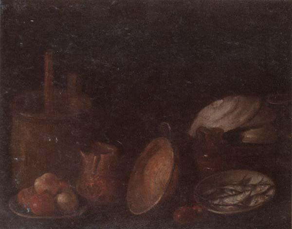 unknow artist Still life of apples and herring in bowls,a beaten copper jar,a pan and other kitchen implements oil painting image